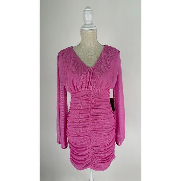 Love X Design Womens Super Pink Ruched Bodycon Dress Long Sleeve Size Medium NWT - Picture 1 of 11